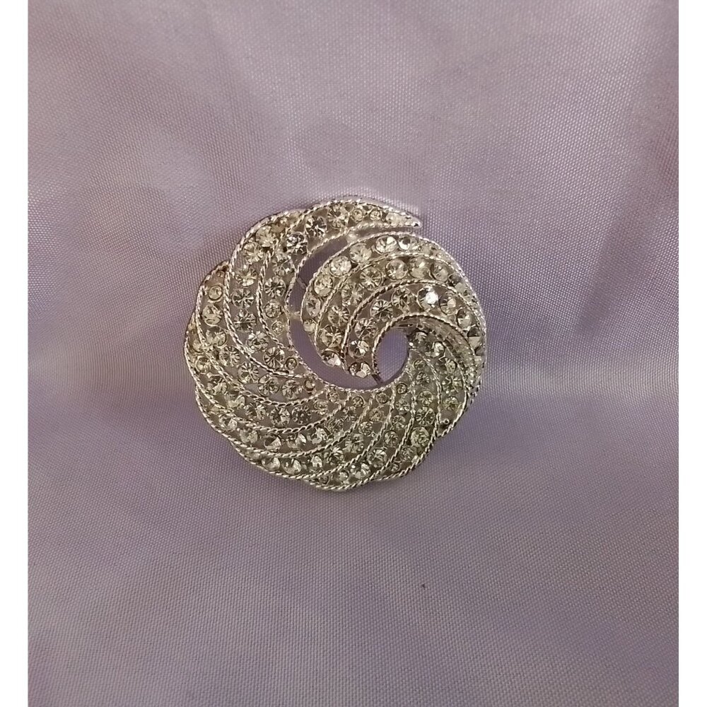Vintage Rhinestone Swirl Brooch Pin Silver Tone